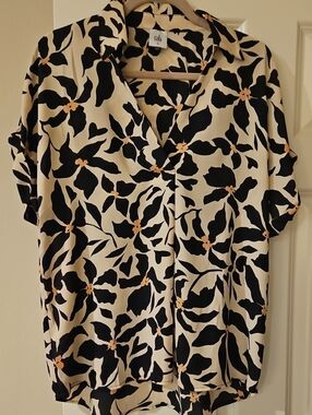 CAbi Black & Cream Floral Button V-Neck Blouse with Peach Accents